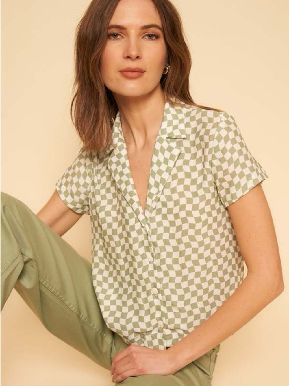 Whimsy + Row Lena Top Short Sleeve Button Down in Sage Check | S